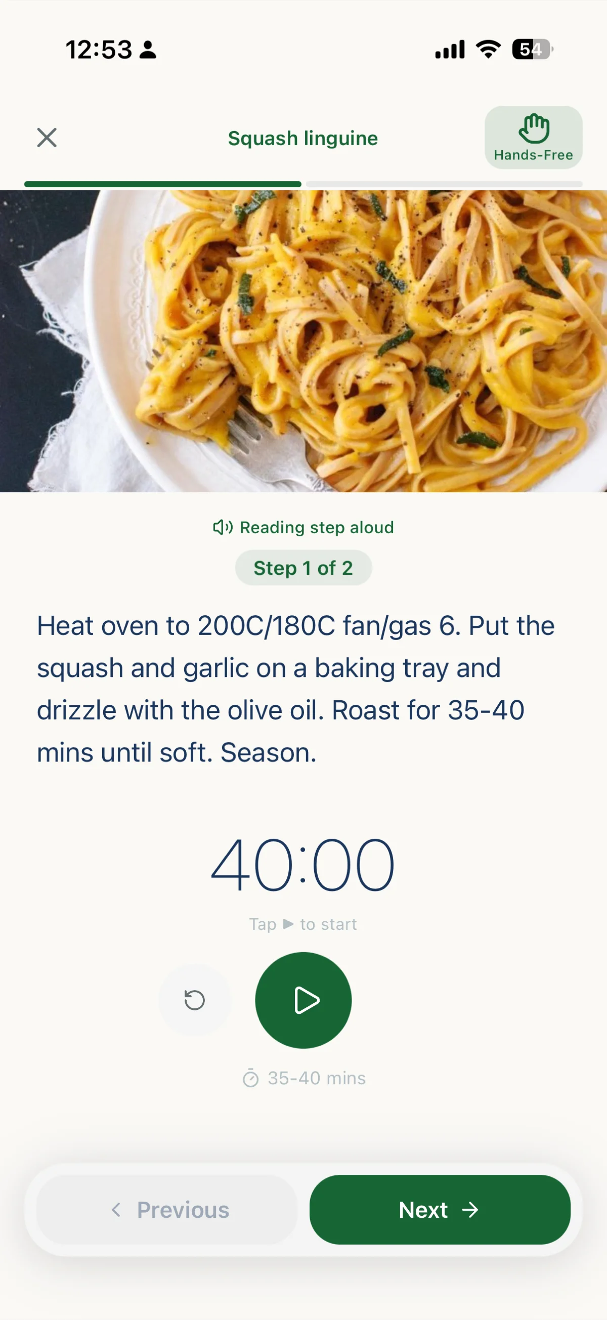 Cook Mode showing a single recipe step with a timer