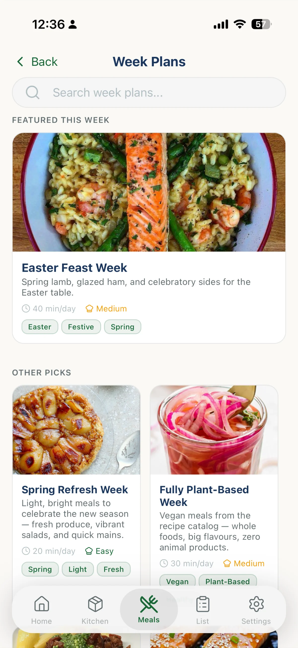 Curated weekly meal plans with a kitchen match check