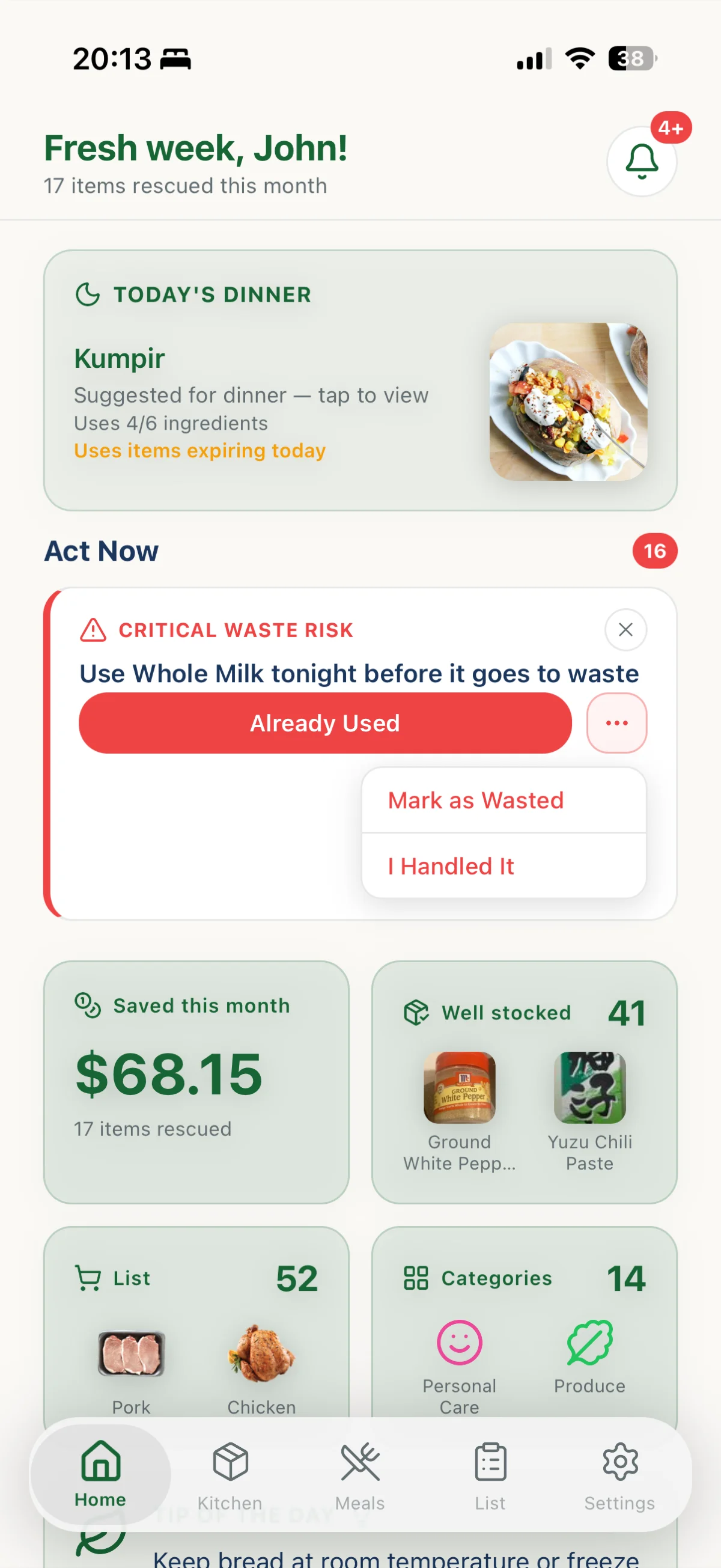 Act Now cards showing which items need using today