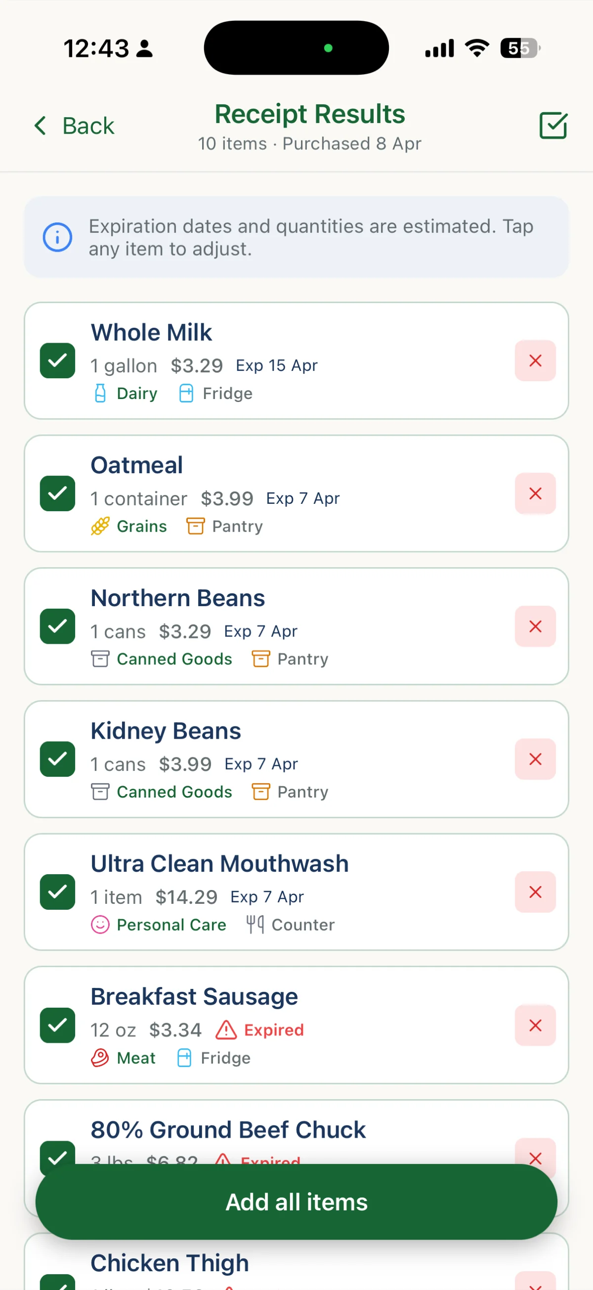 Items parsed from a grocery receipt, each with a category and expiration date