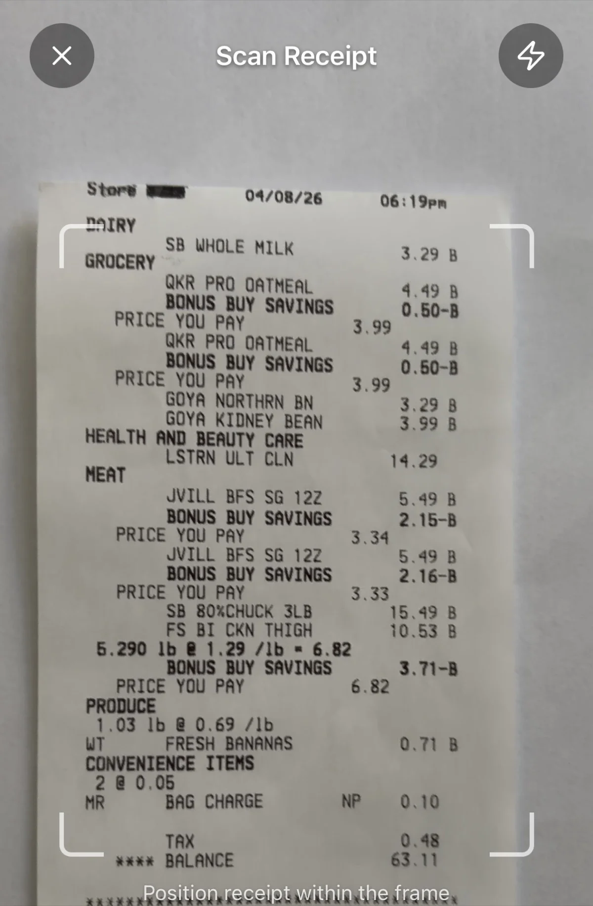 Photographing a grocery receipt with the SeePantry camera