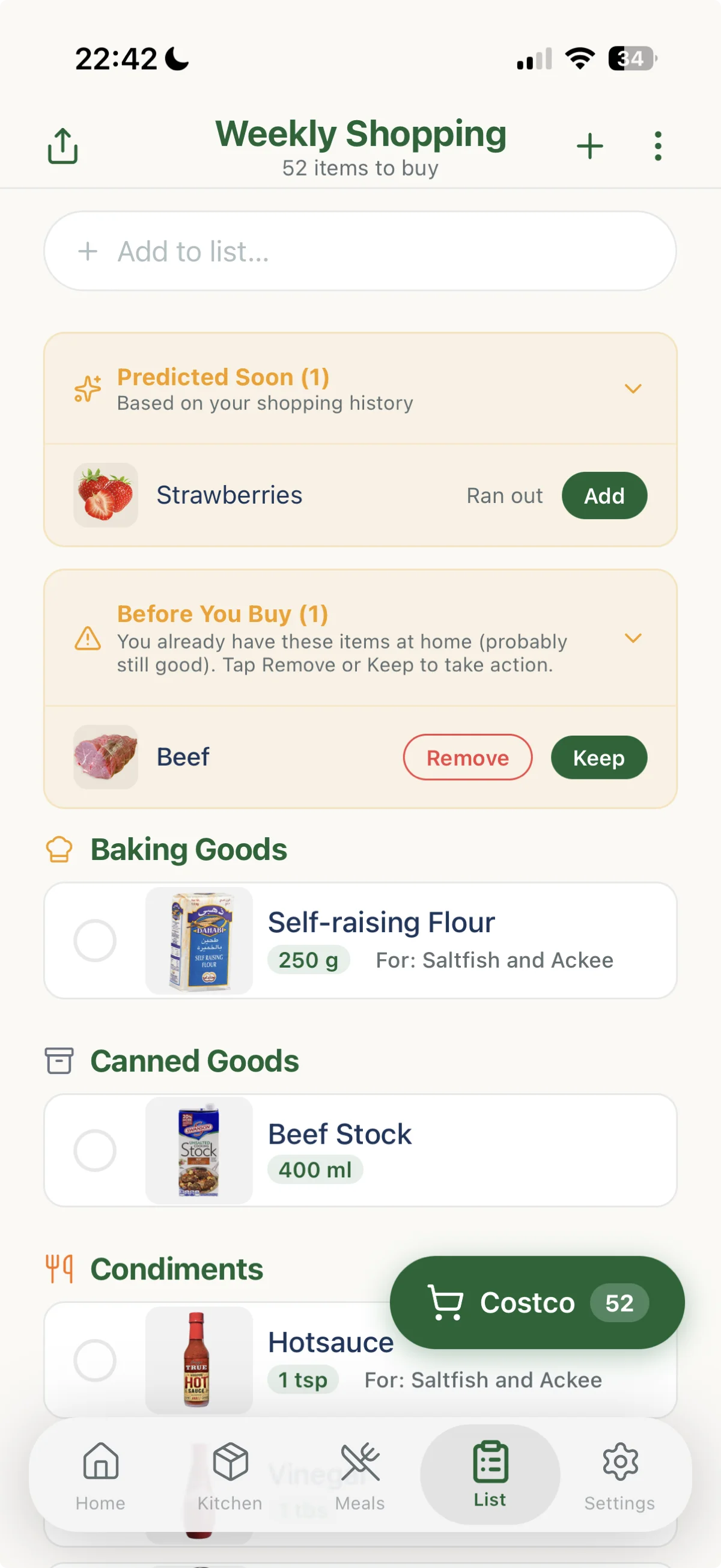 Shopping list with prices and a running total