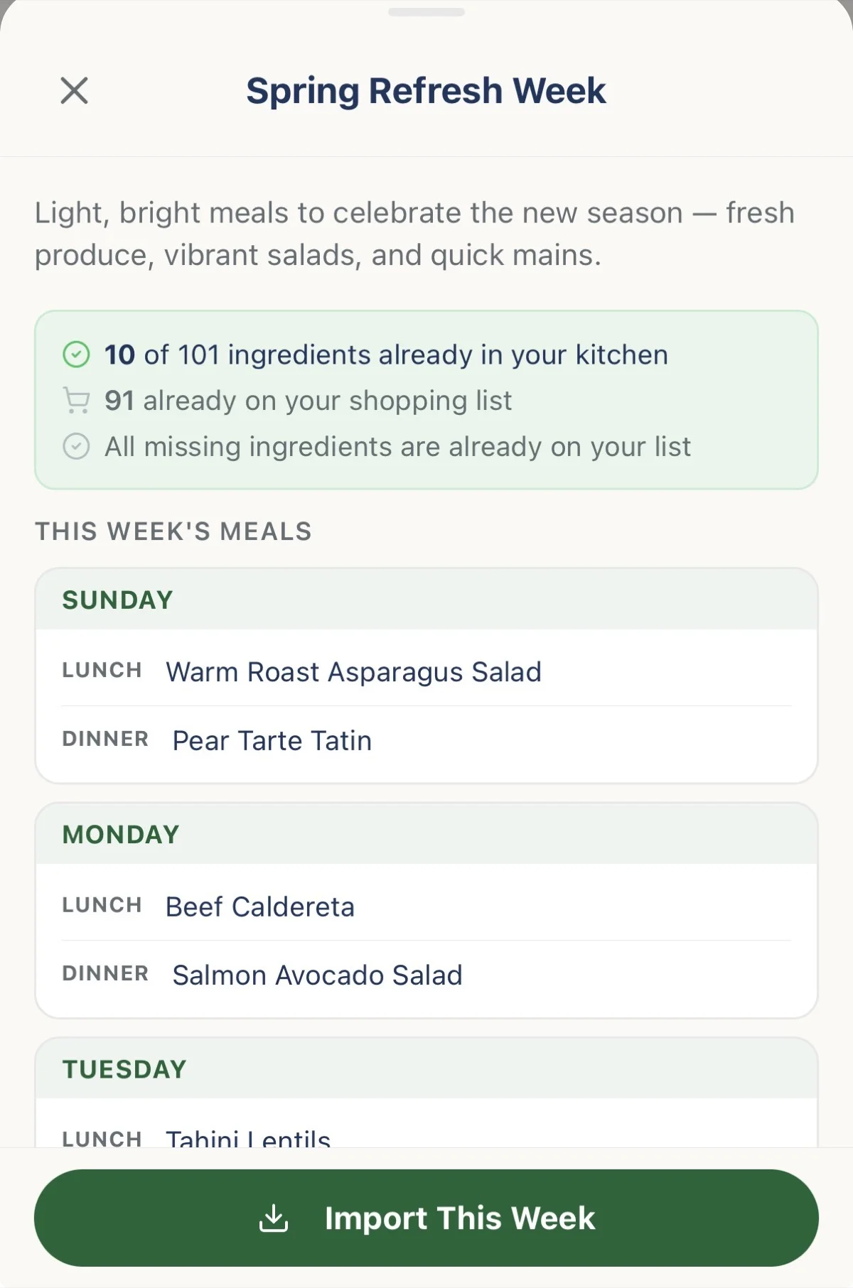 A week plan template opened for editing